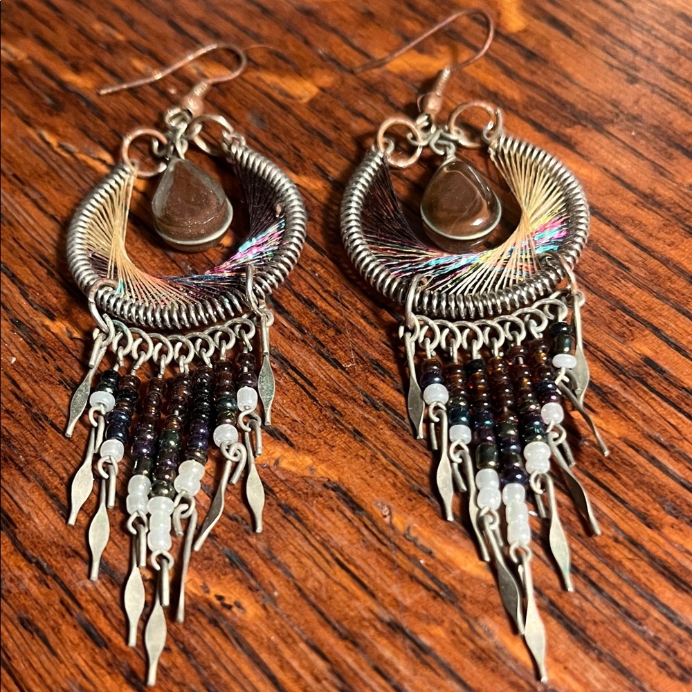 Handcrafted Brown Teardrop Fringe Earrings with Silver-Tone Hoops